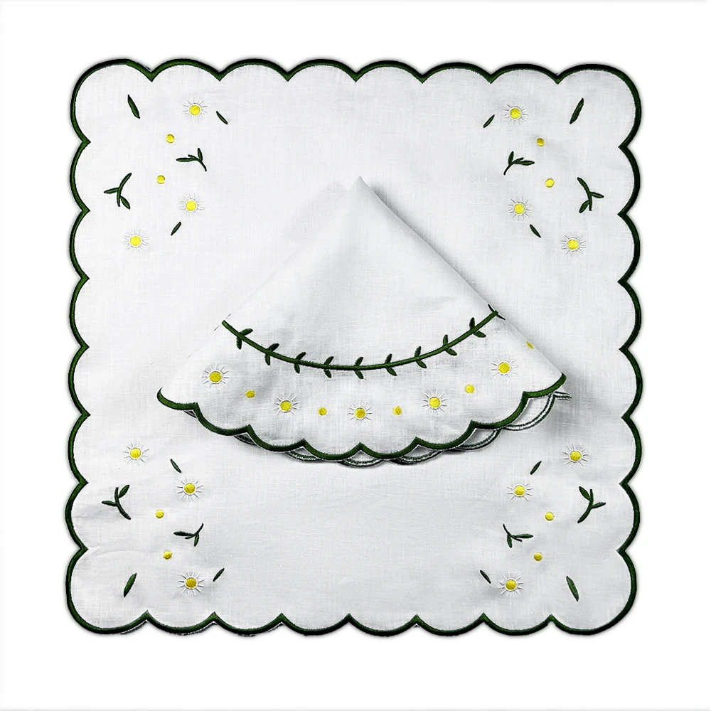 Wholesale Flower Linen Napkins Wedding with Embroidered edge table cloth Scalloped Linen Napkins eco friendly French Luxury Flax