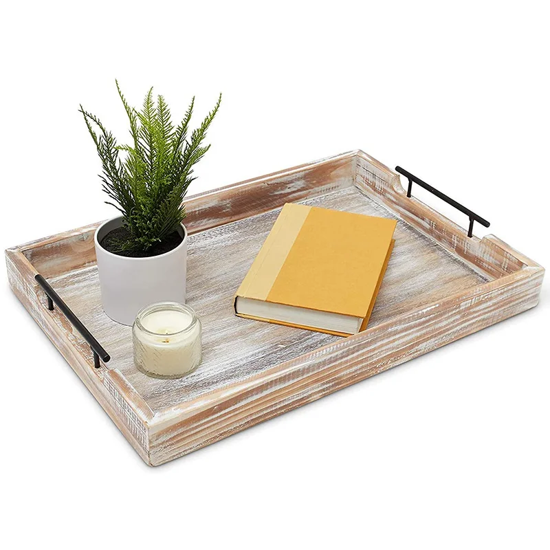 Vietnam Wholesale Custom Breakfast Wood Tray Tea Food Serving Wooden Tray With Metal Handle