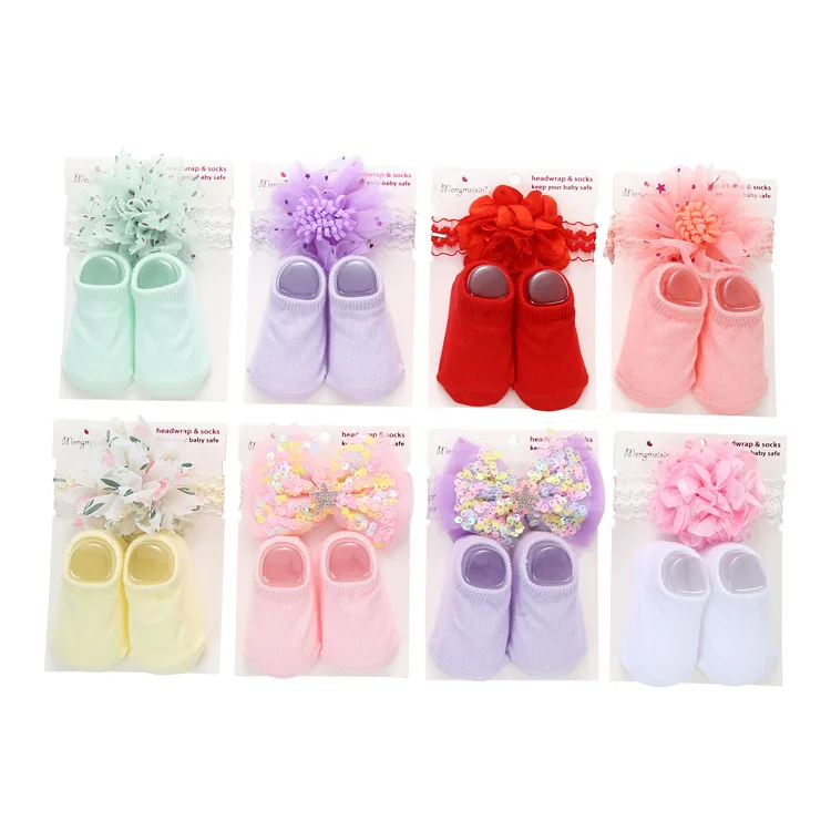 Spanish New Fancy Solid Color Princess Cute Bows Hairband Newborn Socks Set Cozy Cotton Candy Color Baby Socks Hairband Gift Set