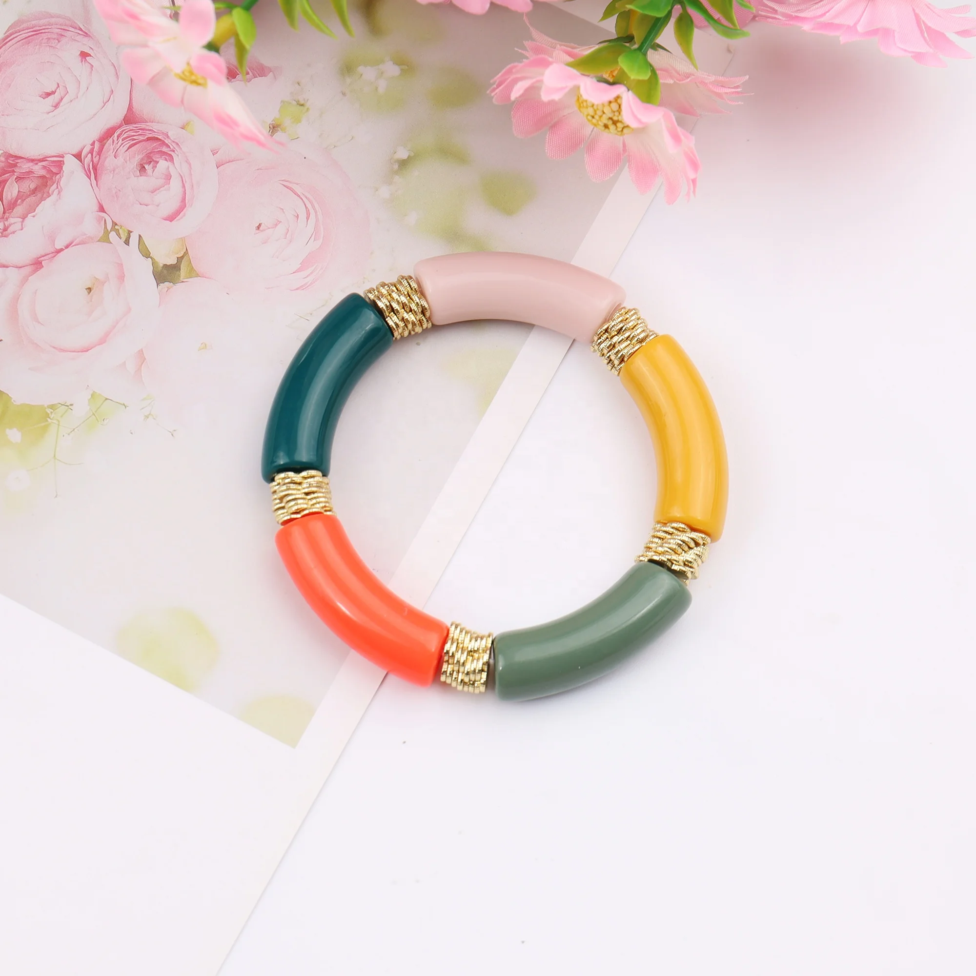 10mm Brushed Gold Plated Flat Flower Disc Spacer Beads With 12mm Big Navy Acrylic Tube Beads Bracelets