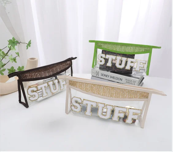 New Arrive Transparent PVC Makeup Bag With  Embroidery Letter Patch Girls Straw Plaited Article Clear Personality Cosmetic Bag