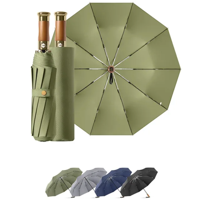 High Quality Wood Handle custom logo umbrella factory Windproof compact wholesale 3 fold umbrella for rain sun promotion gift