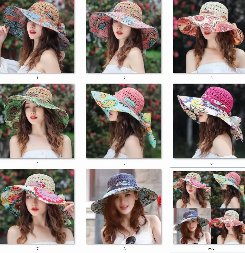Y207114 Fashion Hook Printing Travel Hats Sun Sunshade Bowknot Straw Summer Wide Brim Beach Hats Women Floral