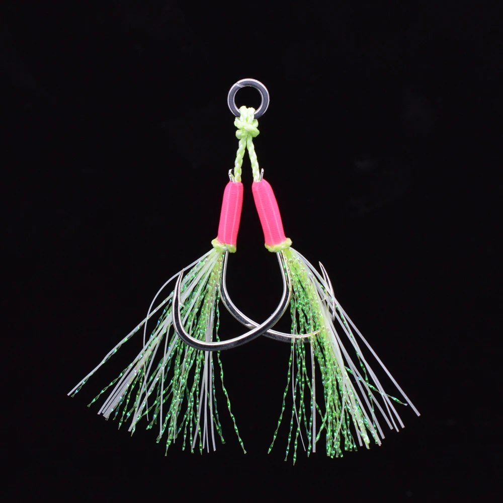 JIGGINGSOUL-AIH07-1pieces Double Assist Hook wholesale High Carbon Steel Double Hook With luminous silk epoxy bulk fishing hook