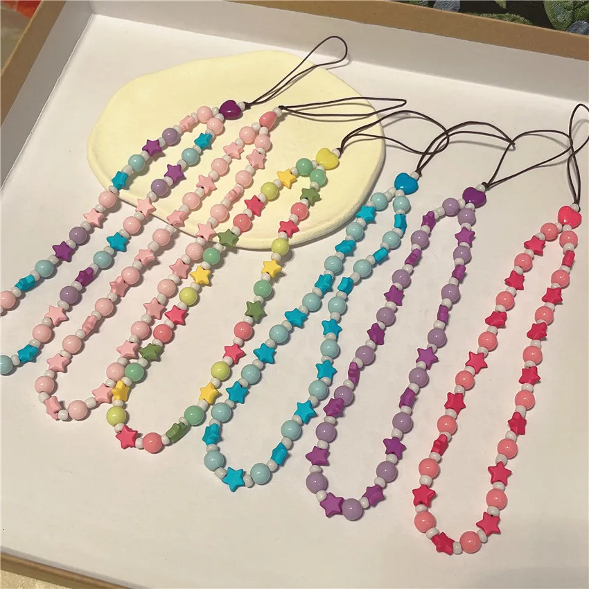 Bohemian acrylic star beaded mobile phone lanyard acrylic mobile phone chain for women