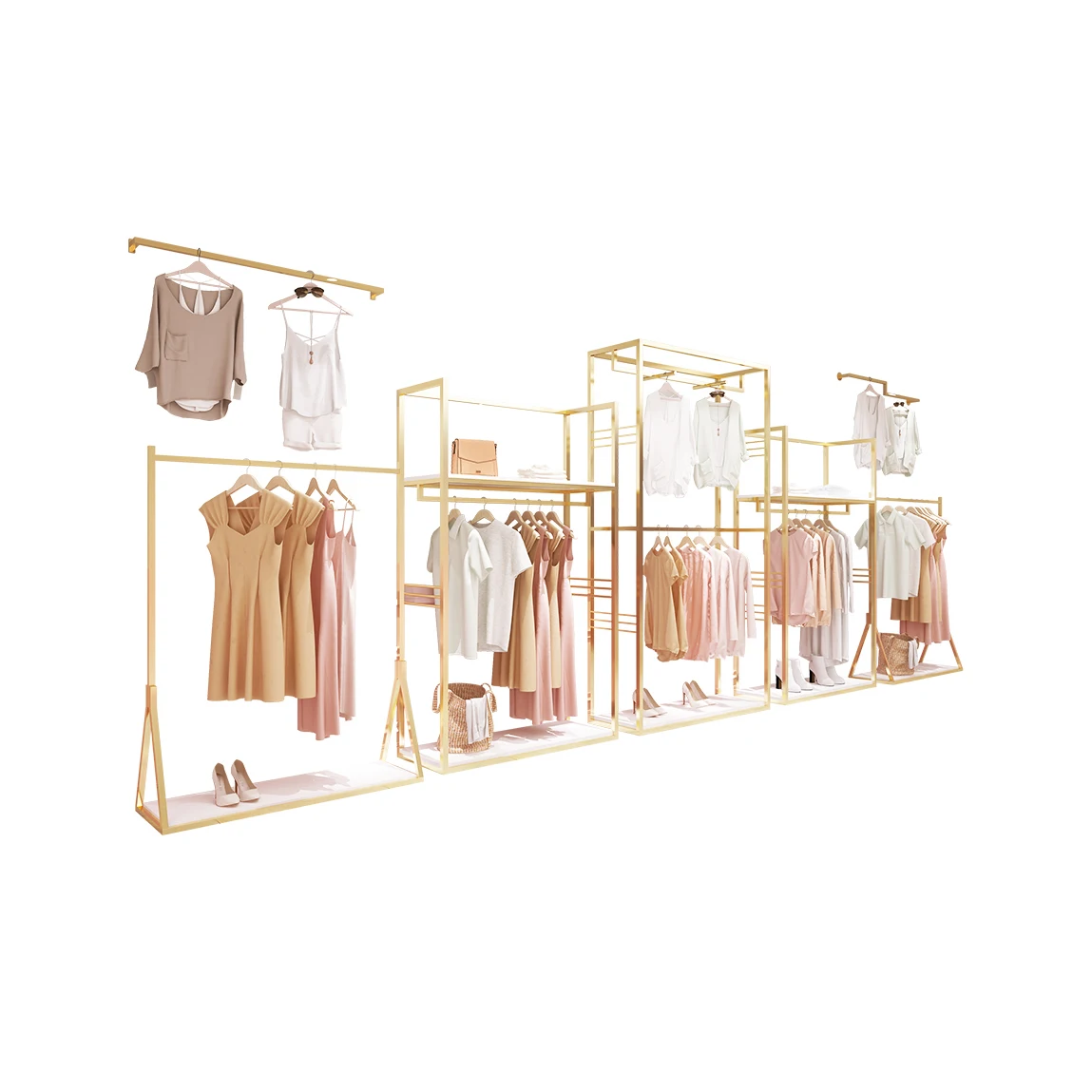 
Custom Clothing Store Wall Mount Garment Clothes Stand Metal Cloth Display Stainless Steel Shiny Gold Clothing Rack for Shop 