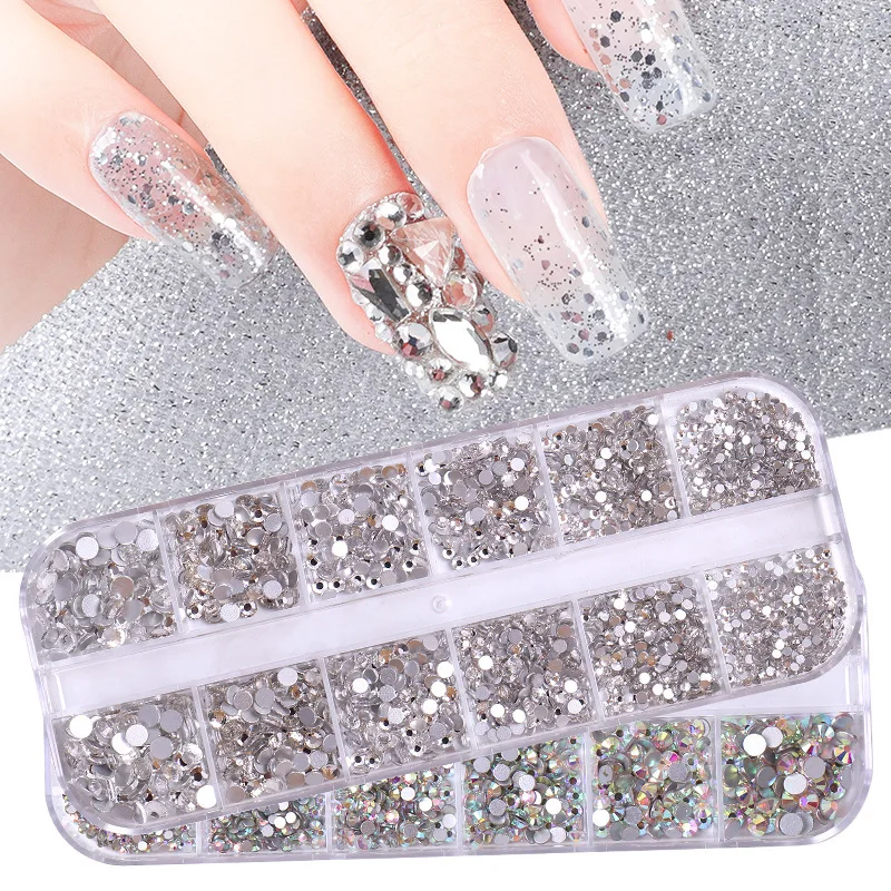 12Grids SS4-SS16 Mixed Nail Rhinestones Red /Green Diamond Nail Gems Flat-back Glass Stones Nail Charms with Wax Pen Picker