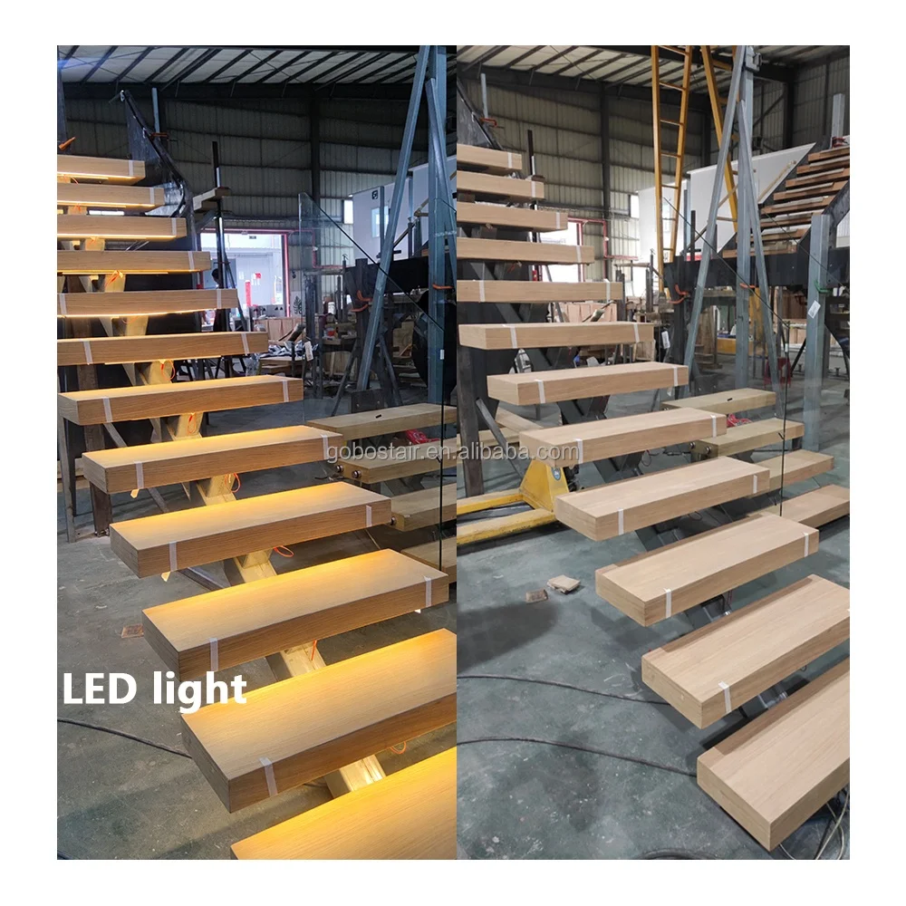 Manufacturers Custom Villa Mezzanine Duplex Stair Indoor Staircase LED Light Modular Stairs Wooden Steps Staircase