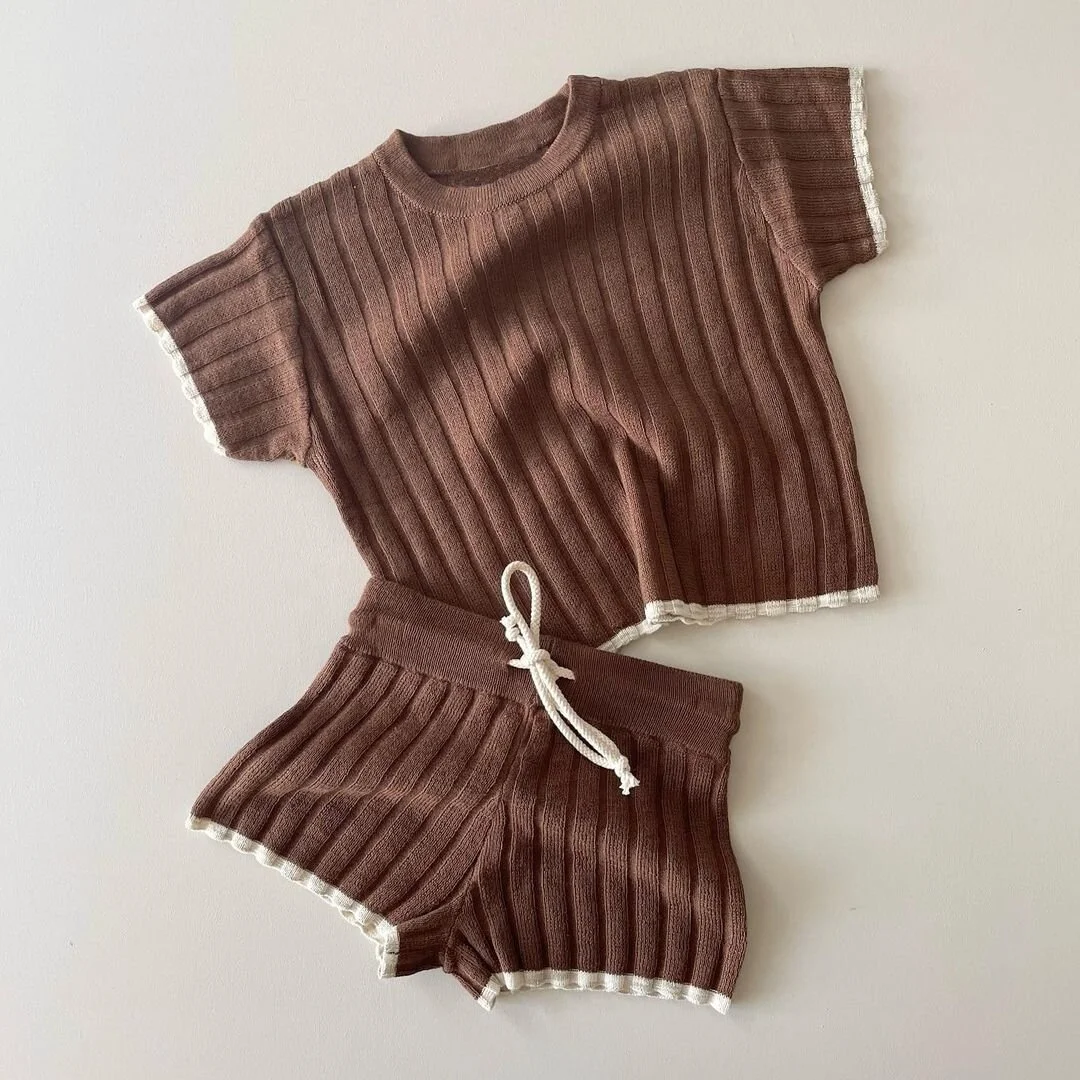New Summer soft 100% Cotton coffee and Oatmeal Knitted Baby Clothes Sets Short Sleeve Pullover Sweaters Pants Infant Clothes Set