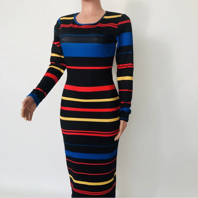 Модное черное платье до щиколотки из полиэстера с принтом в полоску и круглым вырезом