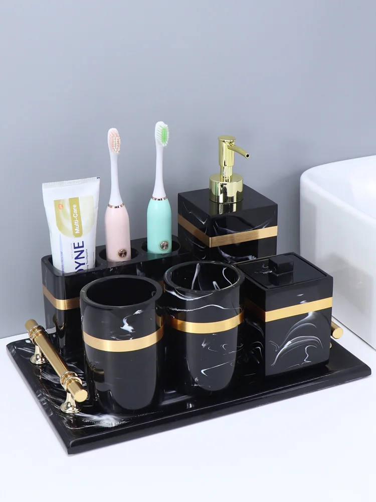 Custom Bathroom Accessories Set Black Marble Effect Modern Hotel Resin Bathroom Accessories Set