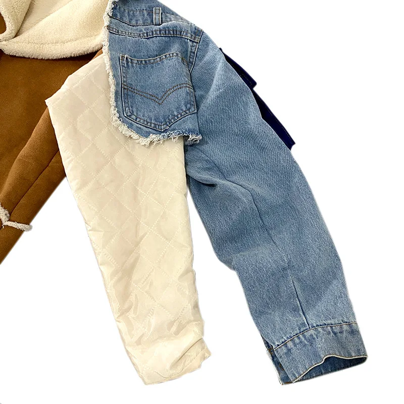 Women Jean Wool Jacket Patchwork Cropped Cardigan Hoodie Trench Coat Women Winter Fur Coat Fur Jacket