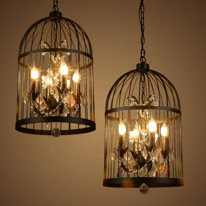 JYLIGHTING Wrought iron American retro restaurant bar personality creative industrial hanging lamps crystal bird cage chandelier