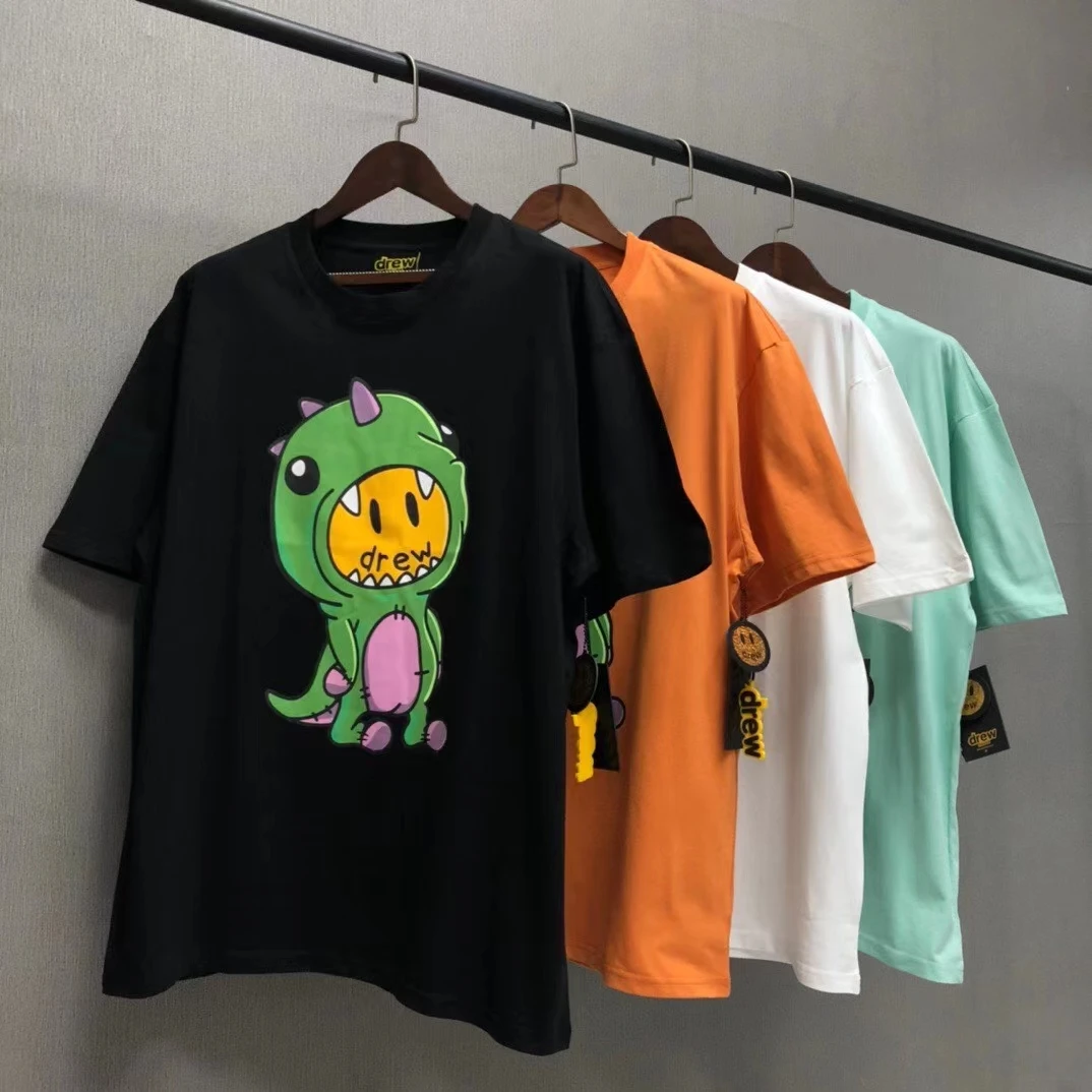 
Summer Loose Cotton T-shirt Men Women Casual High Street Kanye West Small Dinosaur Oversized Short Sleeve 