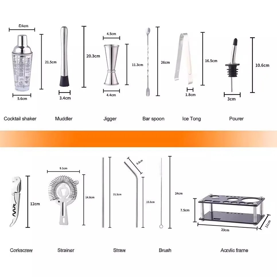 Luxury Bartender Kit 14 Pcs Bar Tool Set Stainless Steel Cocktail Shaker Set With Acrylic Stand
