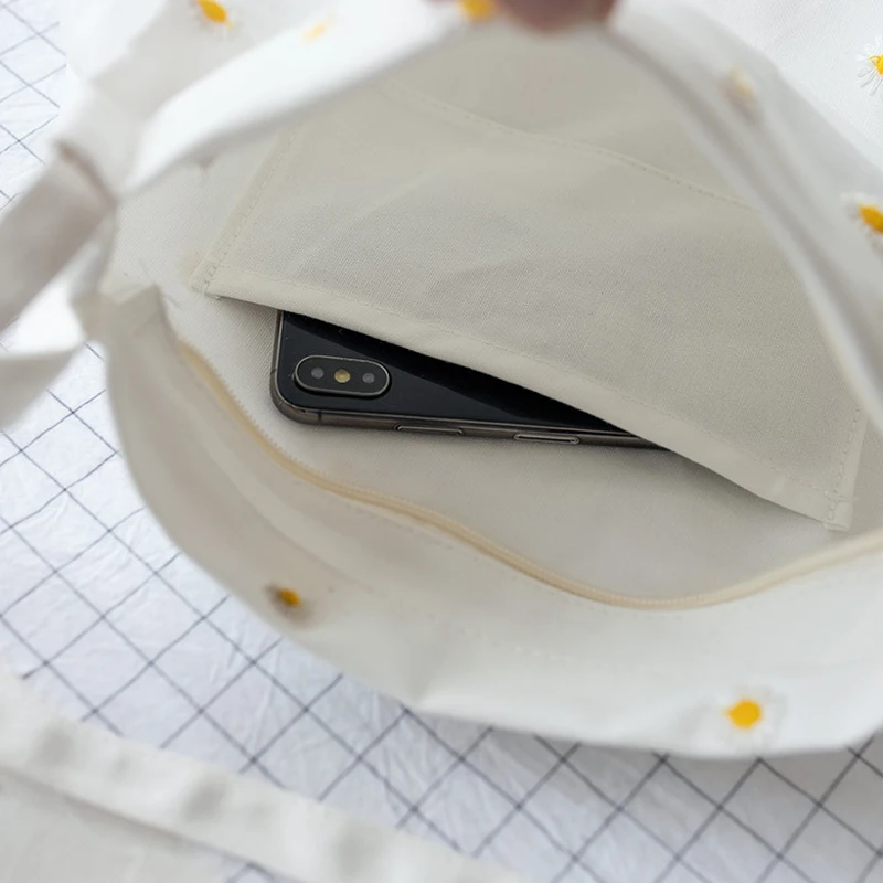 Custom casual floral tote bag embroidered lace daisy canvas fashion bags for ladies girls