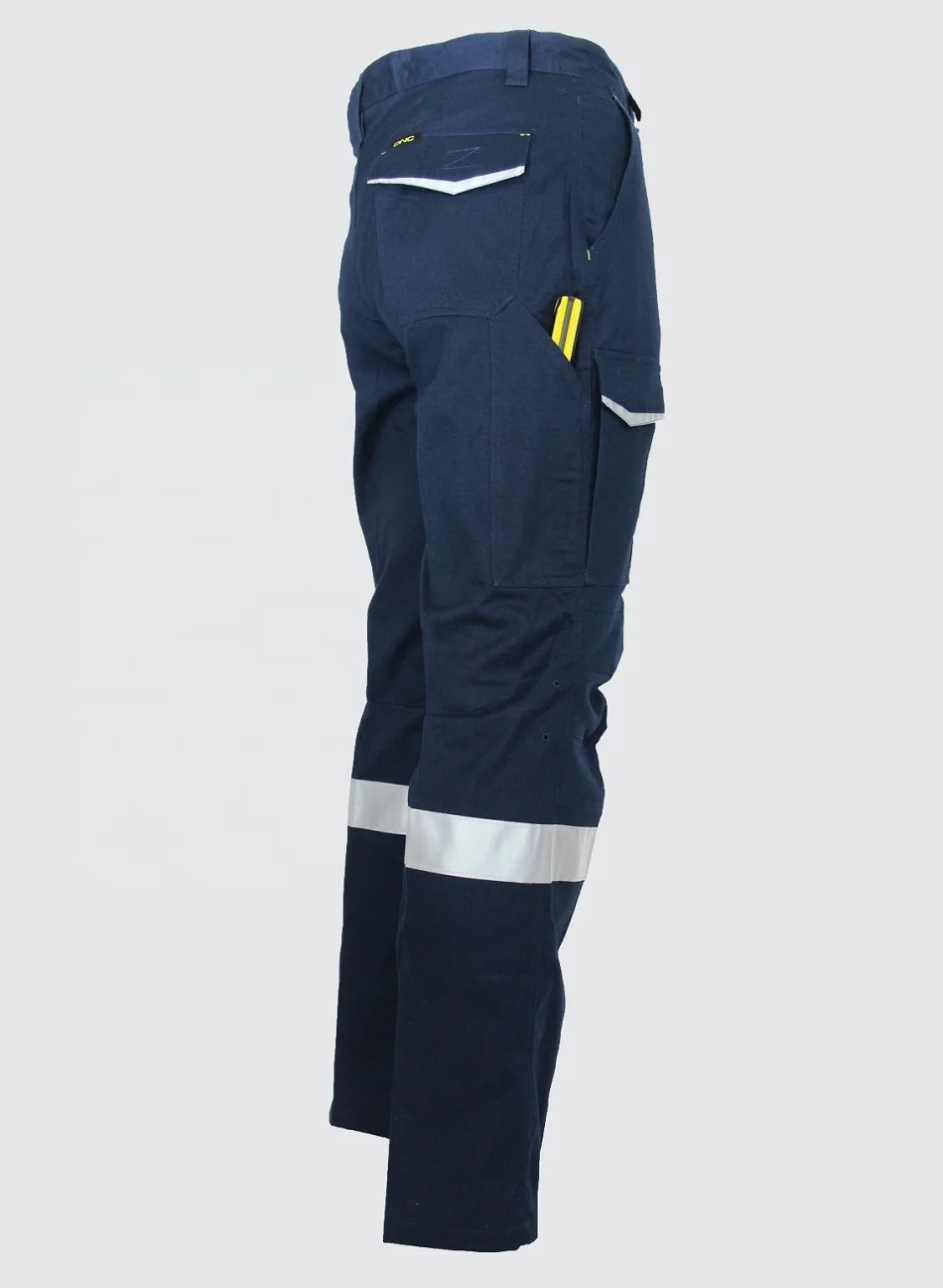 High vis reflective zip off 6 pockets design polycotton spandex stretch men safety workwear blue pants