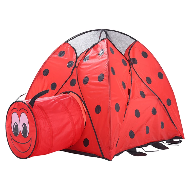 2-in-1 Kids Play Tunnel Tent Ladybug Cartoon Beach Sun Pop Up Tent Playground Beetle Game House for Children Boys Girls Outdoor