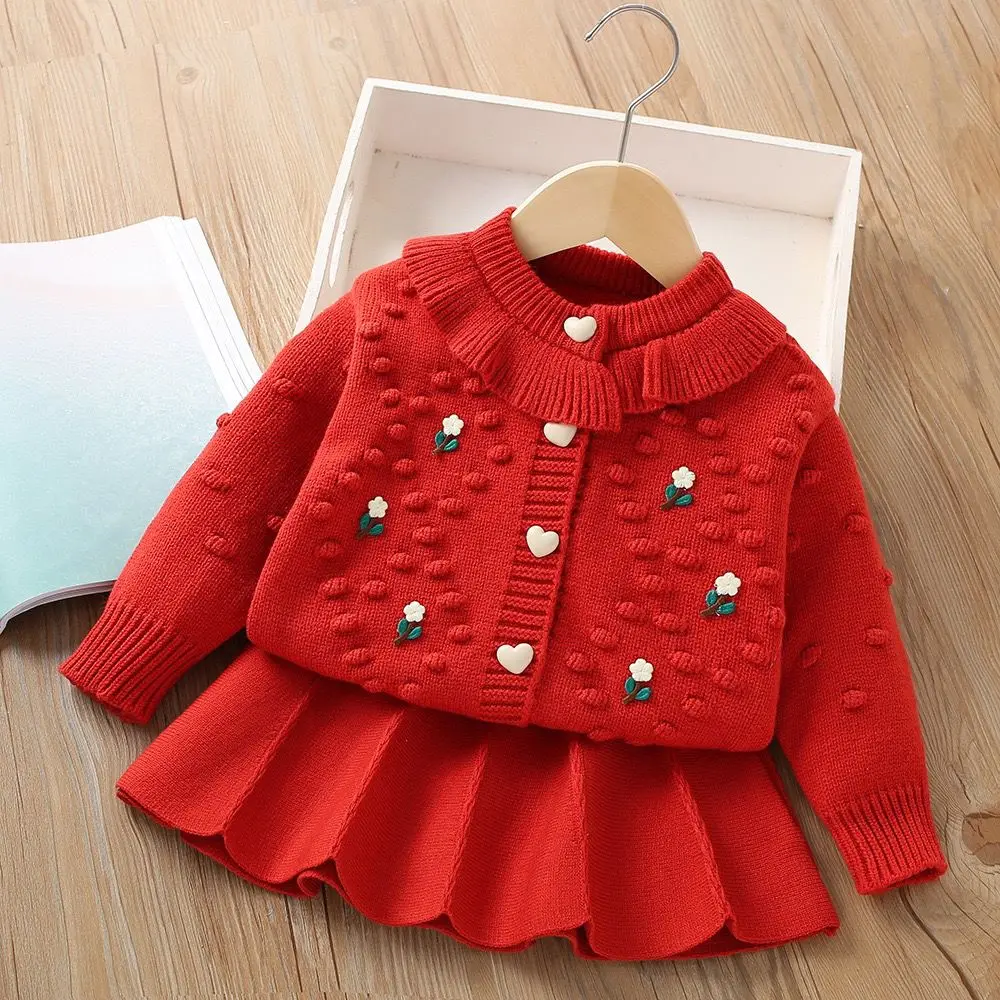 Toddler Girl Knitted Skirt Thick Needle Woolen Boutique Embroidery Two Piece Sweater Set Skirt