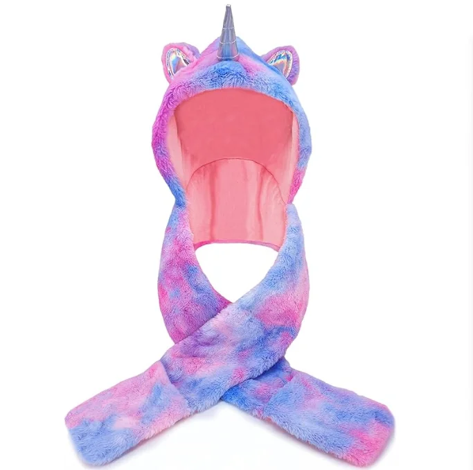 Kids Unicorn Winter Hat with Scarf Plush Novelty Animal Hat 3 in 1 Multi Functional Hat Scarf