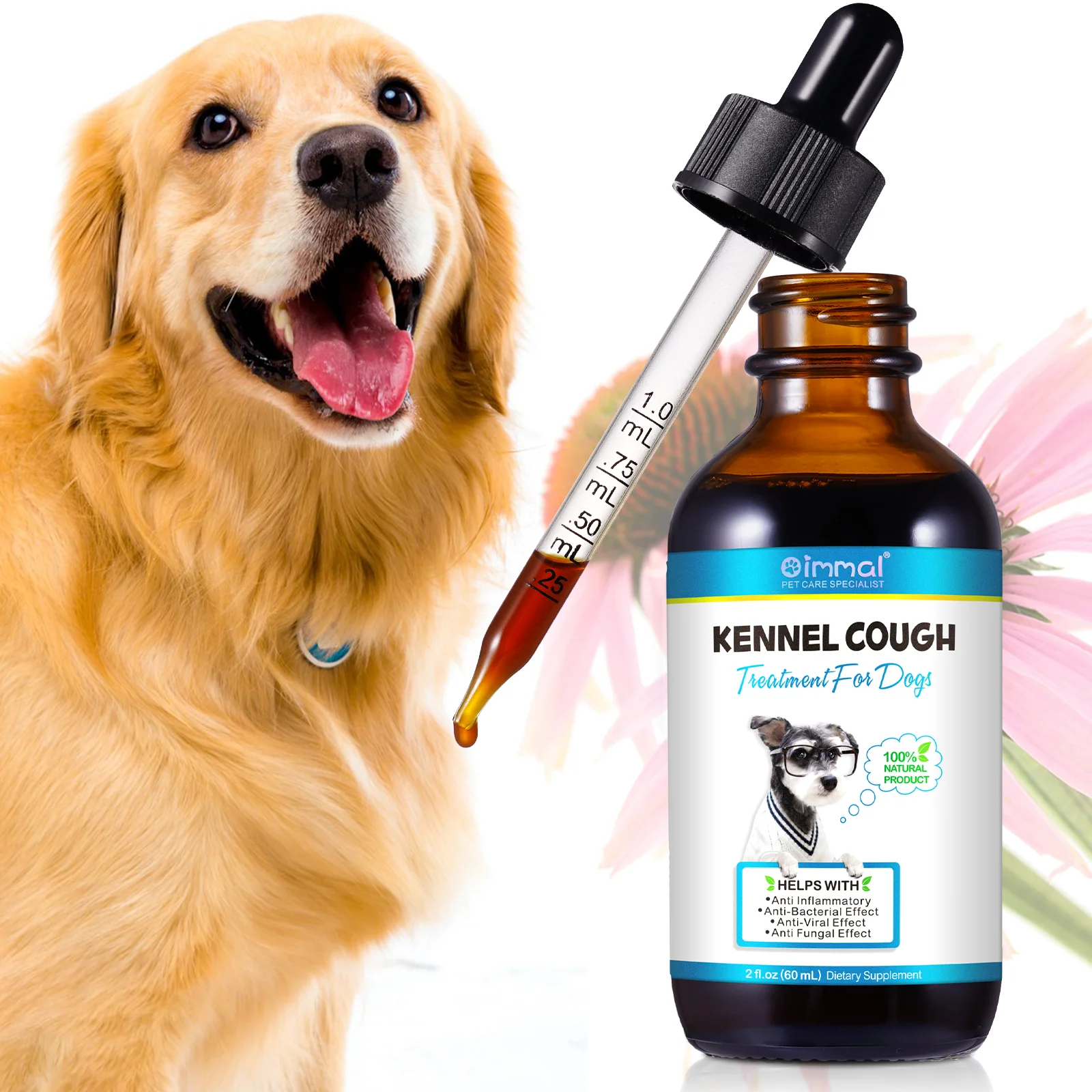 Oimmal Natural Organic Dry and Wet Cough Wheezing Liquid Supplements Kennel Cough Treatment Drops for Dogs