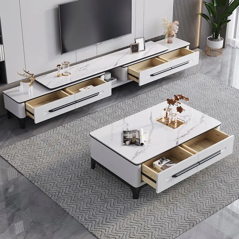 TV Cabinet Italian Light Luxury Slate Tv Stand And Coffee Table Set Modern Minimalist Retractable Living Room Floor Cabinet