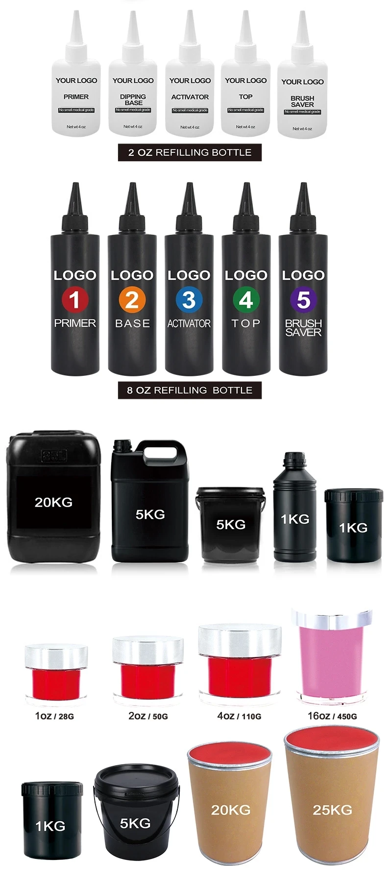 Factory Bulk Wholesale Custom Private label 2 in 1 Acrylic Dipping Powder Colored for Nail Dipping System 1oz