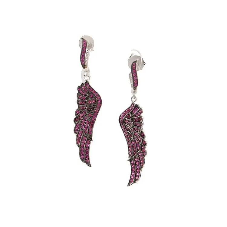 Small Order Quantity Unique Silver Earrings  Pink Crystal Silver Jewelry 925 Silver Wing Earrings