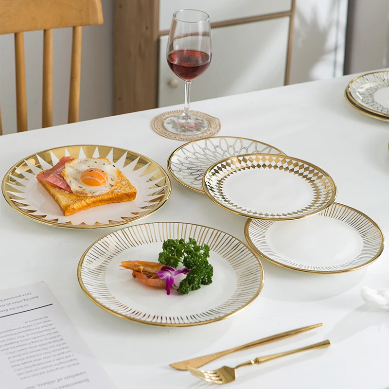 Luxury Nordic Gold Rim Design Ceramic Tableware Dinner Dishes Plates Set 8in 10inch Porcelain Steak Dessert Plates for Wedding