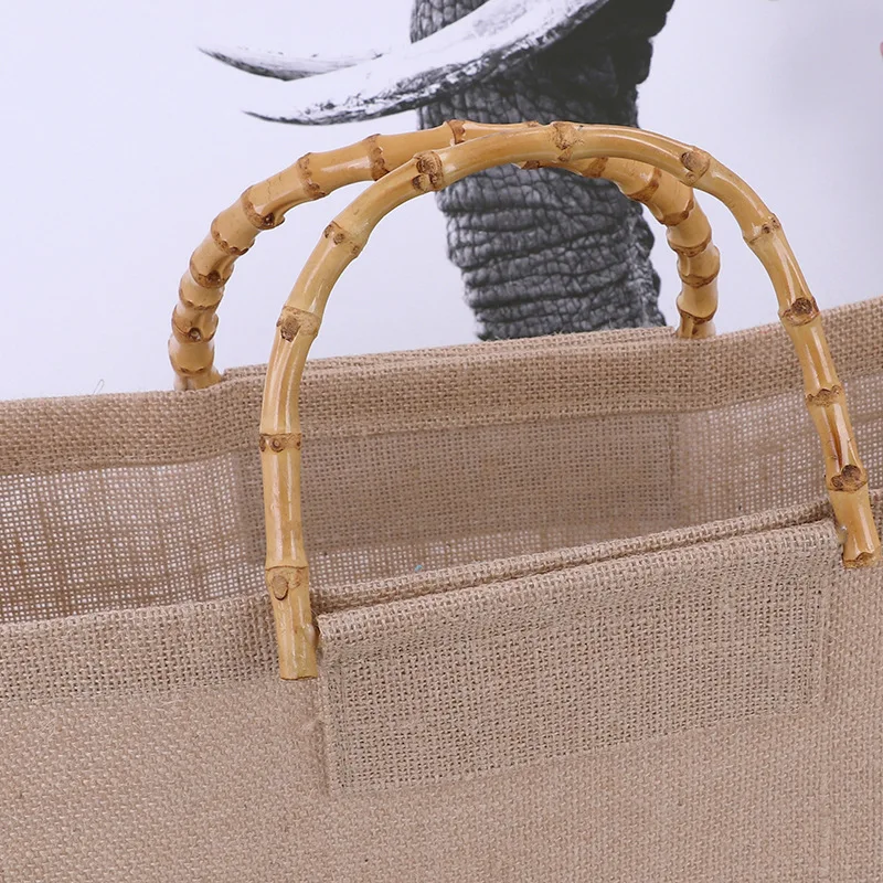 Manufacturer OEM Nature Tote Bag with Printed Logo Wholesale Eco Friendly Burlap Jute Shopping Bags Grocery Tote Bamboo Handle