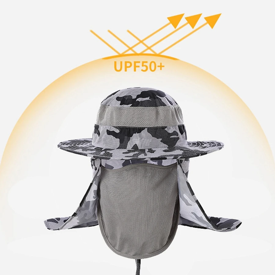 FF1402 UPF50+ Wide Brim Bucket Sun Hats UV Protection Breathable Visor Men Women Safari Fishermen Fishing Hat with Neck Flap