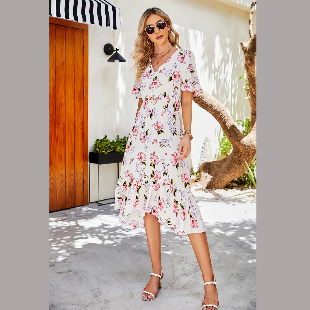 Summer 2022 new short sleeved Ruffle waist dress printed beach elegant skirt V-neck fashion casual Chiffon Dress