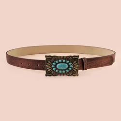 Retro ethnic belt square turquoise print alloy buckle fashion brown pu belt