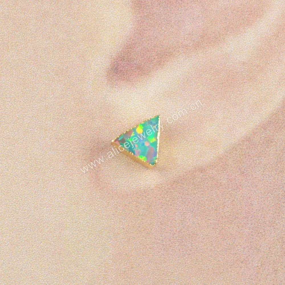 18K gold triangle synthetic white blue fire opal stud earings jewelry women wholesale