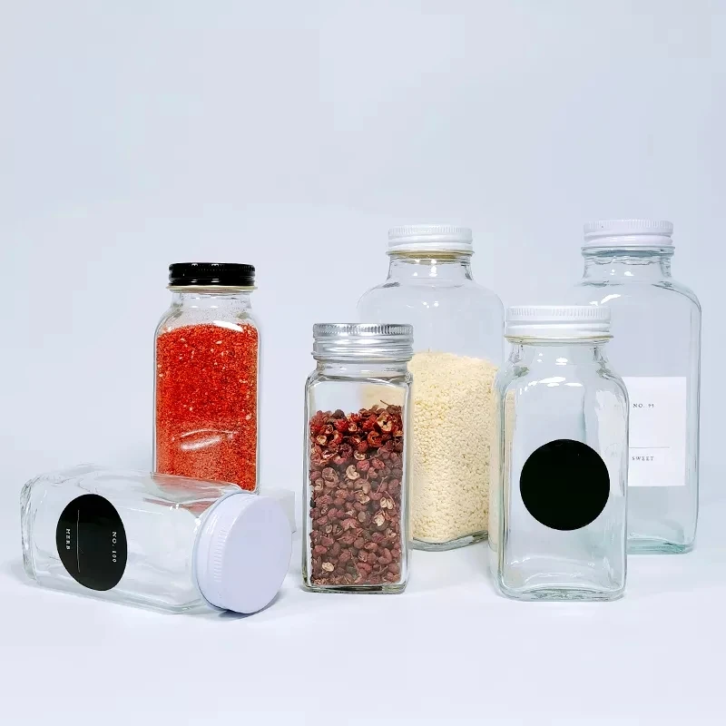 Wholesale Empty Square Kitchen 4oz 120ml 6oz 16oz Seasoning Bottles Pepper Glass Spice Jar with Shaker Bamboo Lids