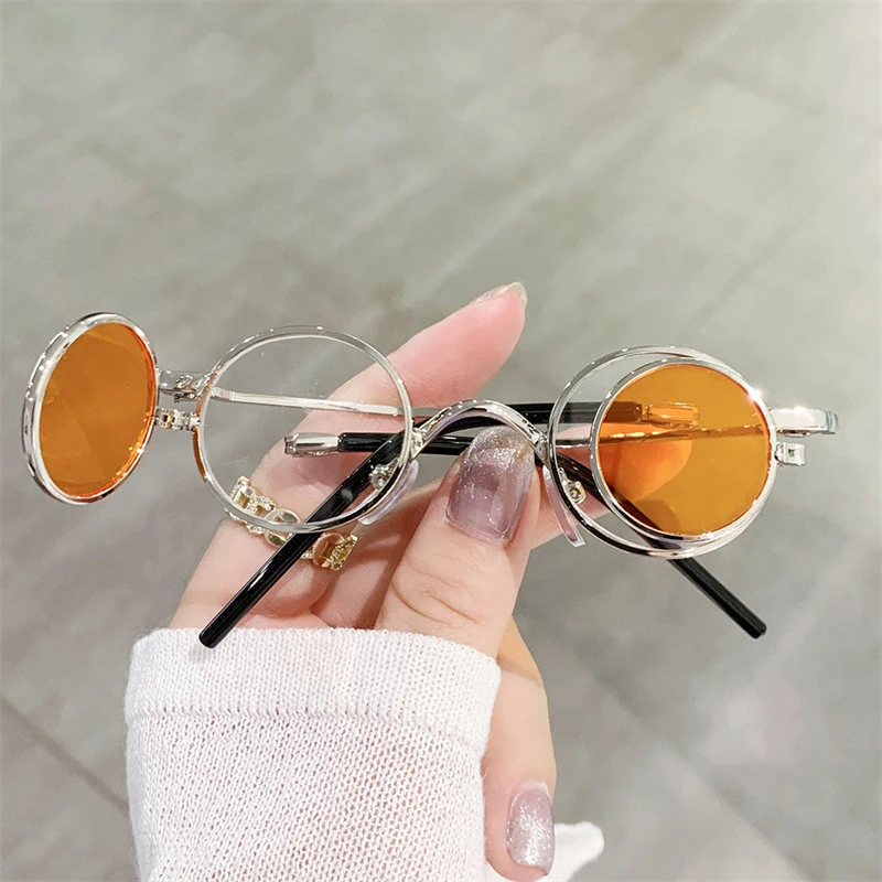 Y2K New Design Folding Lens Sunglasses Trending Women Metal Frame Luxury Retro Classic Round Shades 2023