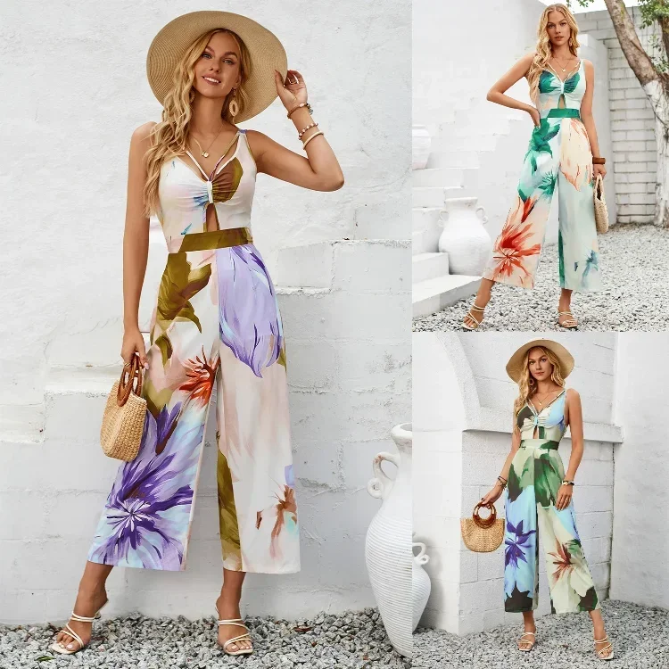 Factory New Trendy Floral Printed Sling Straight Ladies Clothing Playsuits Trousers Pattern Sleeveless Casual Women Jumpsuits