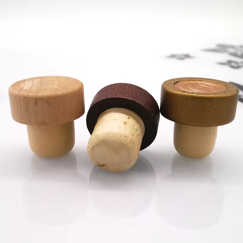 Electroplating T Shape Bar Top Cork With Plastic Wood Metal Zinc Alloy Cap Zamak For Wine Spirits Whisky Gin Bottle