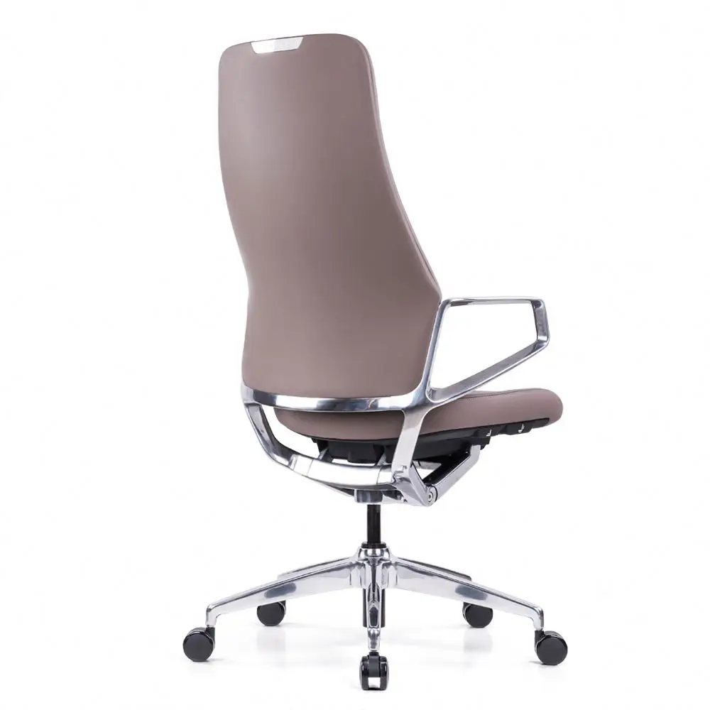 Office Furniture Chair Leather Seat Aluminum Swivel Base Five Wheels Adjustable Office Chair with Fixed Armrest