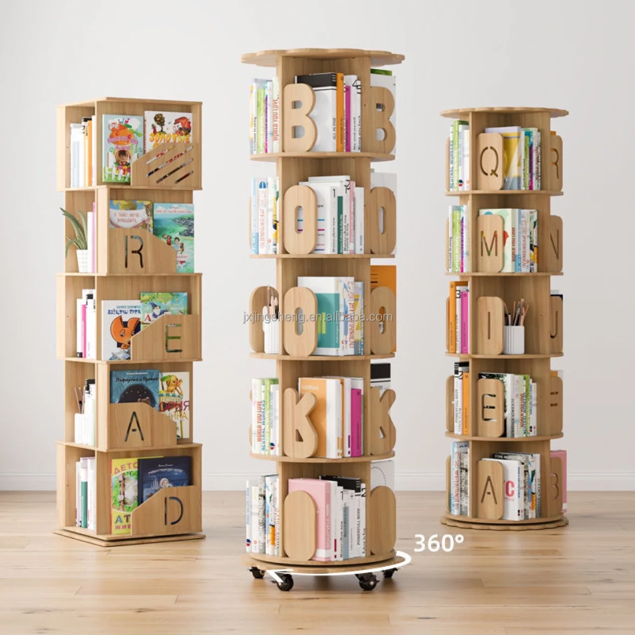 Solid wood rotating  bookshelf 360 degree movable bookshelf wall bookcase with wheel