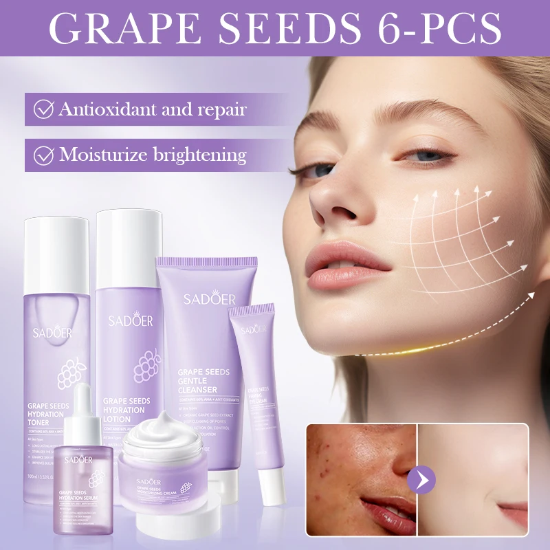 OEM SADOER Private Label Korean Grape Seed Multi-effect Moisturizing 6-piece set Face Skincare Anti Aging Repair Skin Care Set