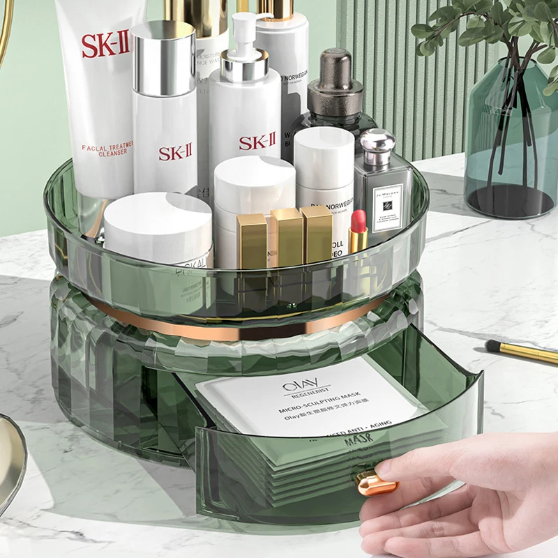 360 Rotating Makeup Organizer Perfume Tray with Drawers Bathroom Countertop Vanity Lazy Susan Cosmetic Display Case