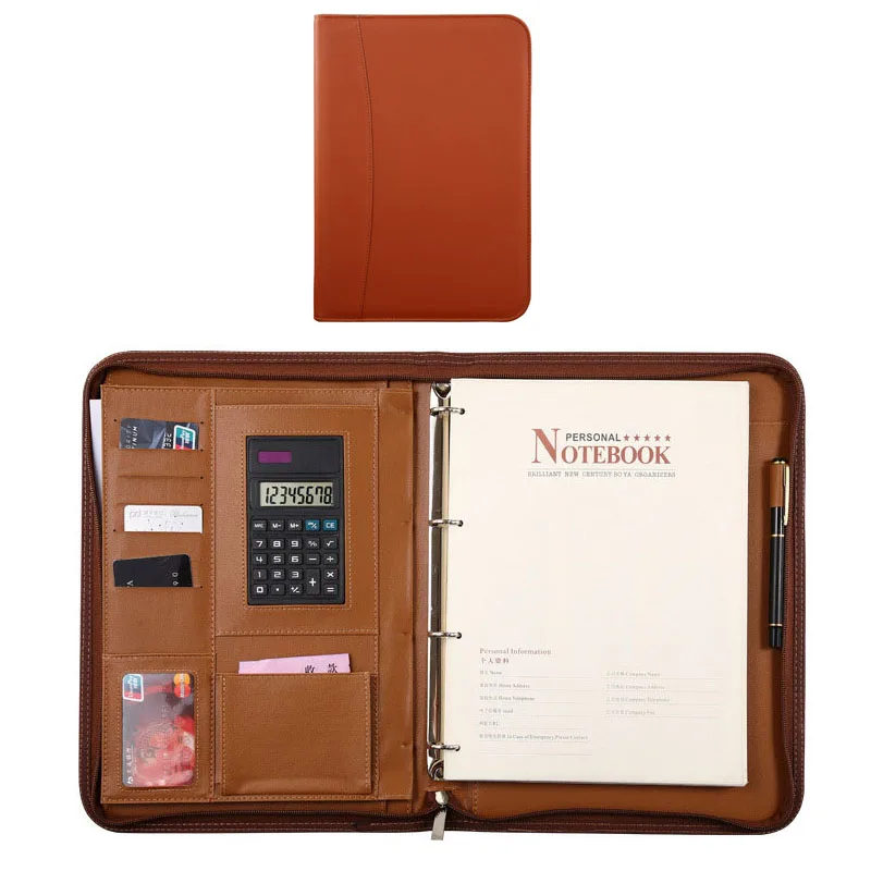Customized A4 multifunctional business zipper notes card bag notebook metal folder office folder notepad  for business gift