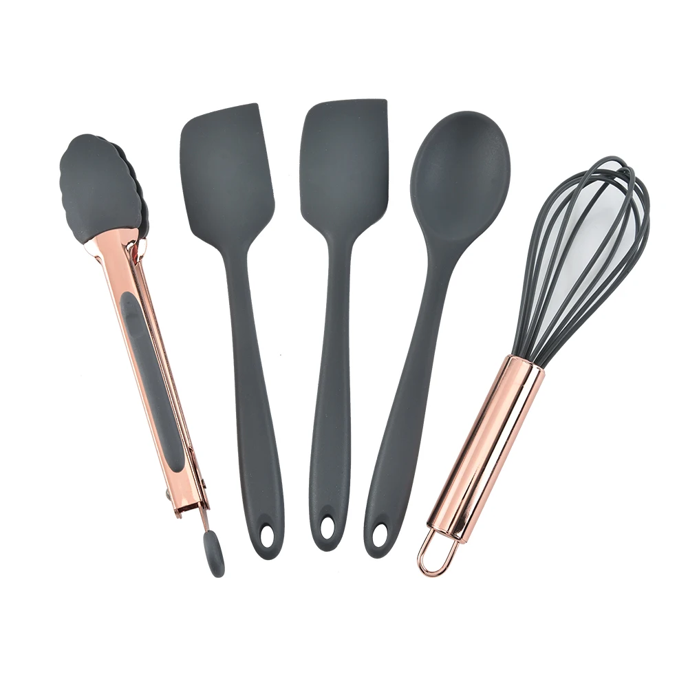 
America hot selling in stock 5pcs silicone mini utensil set with copper plated rose gold finished handle tongs whisk 
