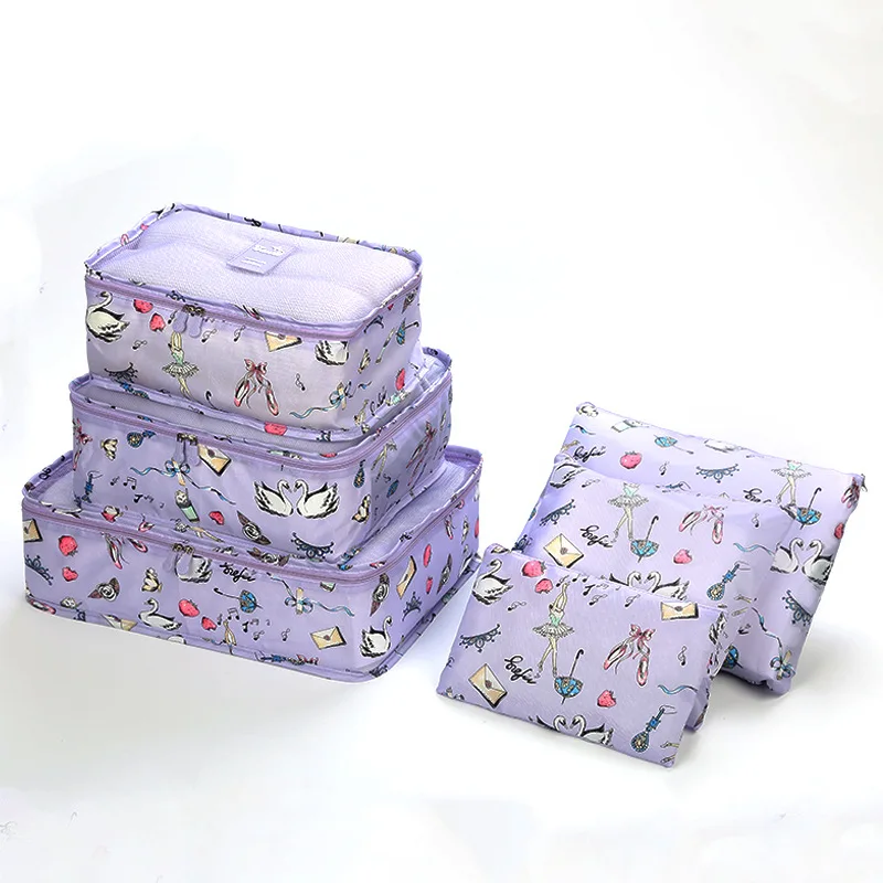 Custom full color printing 6pcs set compression packing cubes travel luggage packing organizer suitcase storage bag