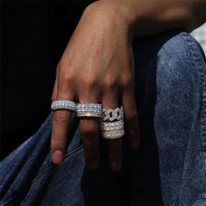 Fine Jewelry Iced Out Hip Hop Cuban Link Ring Gold Plated 925 Sterling Silver VVS Moissanite Diamond Finger Band Ring For Men