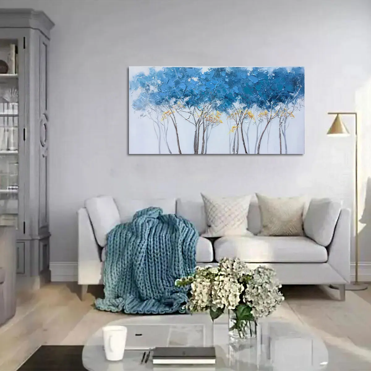 Original Art Factory Wholesale Modern Blue Tree Canvas Wall Art Design for Home Wall Decor