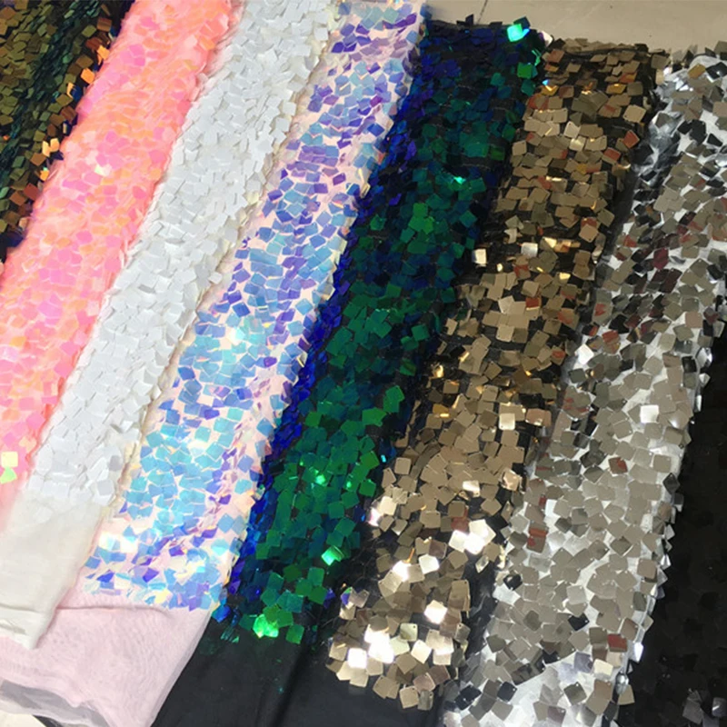 Indian Luxurious 7mm White Elastic Lace Embroidered Sublimation Sequin Fabric Squares For Shooting Background Cloth By The Yard