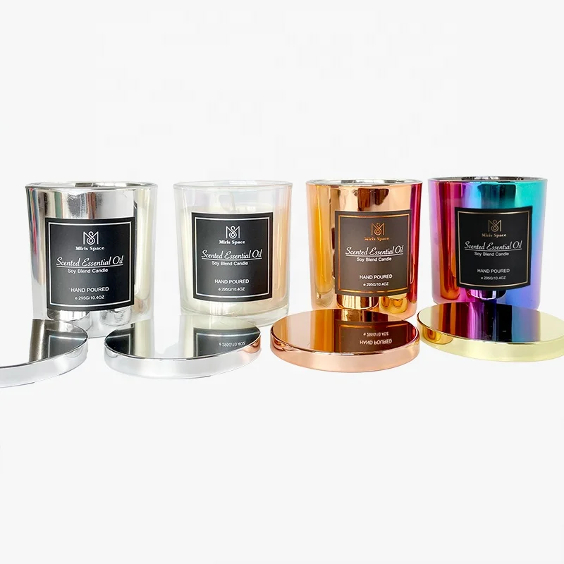 Clear Dazzling Electroplated Rainbow Iridescent Custom Logo Glass Candles Wholesale Soy Wax Natural Luxury Candle Jars With Lids