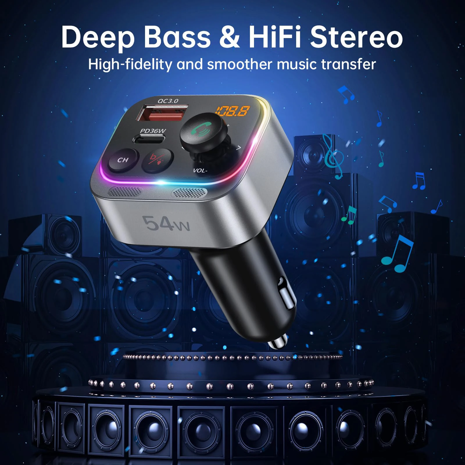 C79 Wireless Car Radio Receiver 54W Fast Charging PD36W QC3.0 Dual Mics HiFi Bass Sound Bluetooth 5.3 FM Transmitter Car Adapter